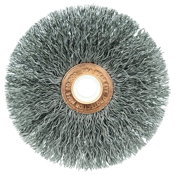 Weiler 15563 Small Diameter Wheel Brush, 3 in Dia Brush, 5/8 in W Face, 0.0118 in Dia Crimped Filament/Wire, 1/2 to 3/8 in Arbor Hole