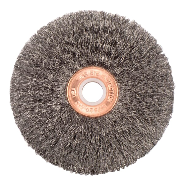 Weiler 16933 Small Diameter Wheel Brush, 3 in Dia Brush, 5/8 in W Face, 0.006 in Dia Crimped Filament/Wire, 1/2 in Arbor Hole
