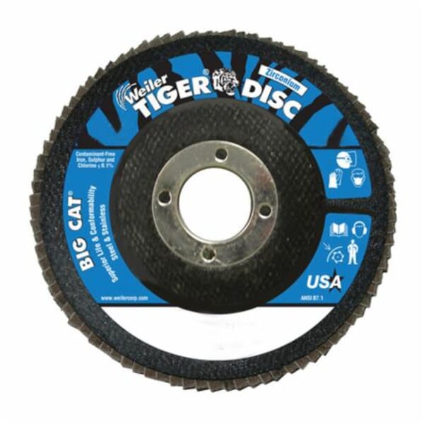 Big Cat 50805 Close High Density Premium Coated Abrasive Flap Disc, 4-1/2 in Dia Disc, 7/8 in Center Hole, 80 Grit, Medium Grade, Zirconia Alumina Abrasive, Type 27 Flat Disc