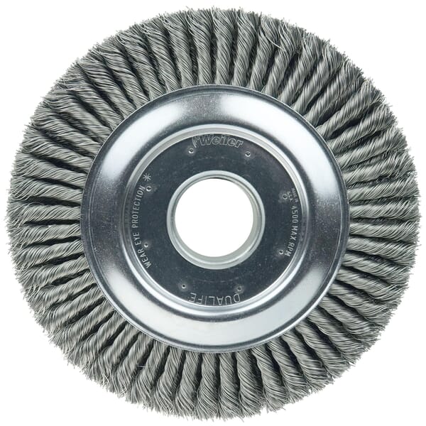 Weiler 94008 4-Section Wheel Brush, 10 in Dia Brush, 1-3/4 in W Face, 0.023 in Dia Cable Twist Knot Filament/Wire, 2 in Arbor Hole
