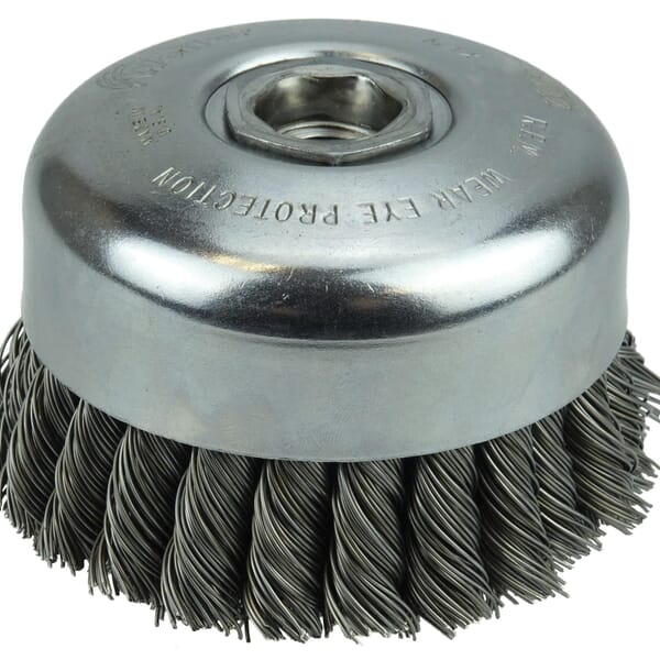 Weiler 94012 Double Row Internal Nut Cup Brush, 4 in Dia Brush, 5/8-11 UNC Arbor Hole, 0.023 in Dia Filament/Wire, Standard/Twist Knot, Steel Fill