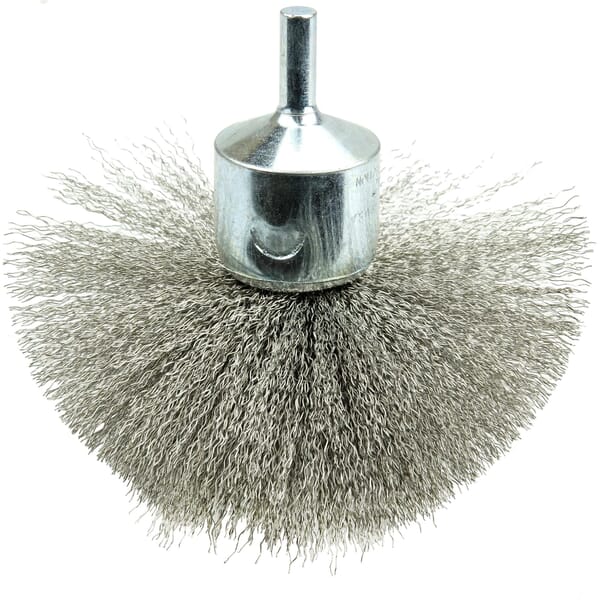 Weiler 96705 Circular Flared End Brush, 4 in Dia Brush, Crimped, 0.008 in Dia Filament/Wire, Stainless Steel Fill