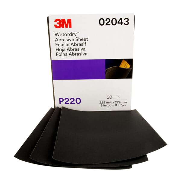 Wetordry 7000120115 Abrasive Sheet, 11 in L x 9 in W, P220 Grit, Very Fine Grade, Aluminum Oxide Abrasive, Paper Backing