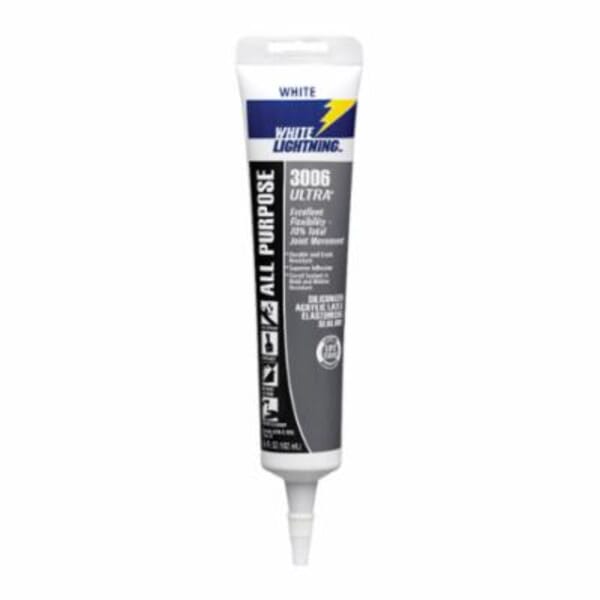 White Lightning W11000005 3006 ULTRA All Purpose Elastomeric Sealant, 5.5 oz Squeeze Tube, White, Silicone Acrylic Latex Base
