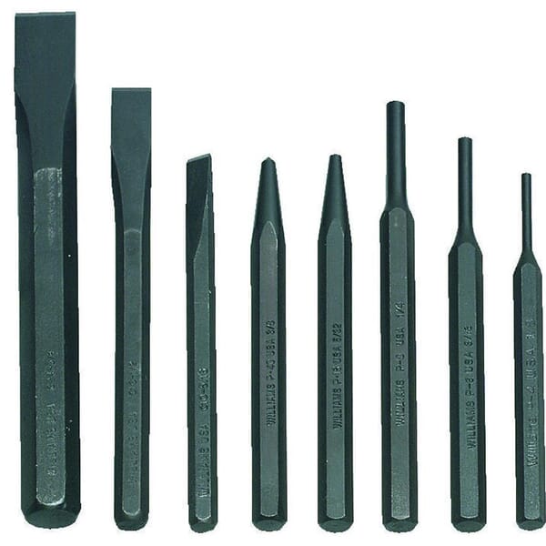 Williams JHWPC-8 Heavy Duty Punch and Chisel Set, Center/Cold/Pin/Solid Style, 5/16 to 3/4 in Chisel, 1/8 to 1/4 in Punch, 5 Punches, 3 Chisels, 8 Pieces