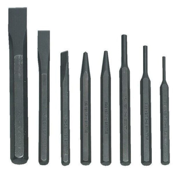 Williams PC-8 Heavy Duty Punch and Chisel Set, Pin/Solid/Center/Cold Style, 5/16 to 3/4 in Chisel, 1/8 to 1/4 in Punch, 5 Punches, 3 Chisels, 8 Pieces