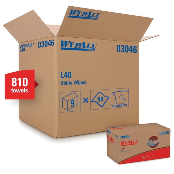 WypAll* 03046 L40 Americas Favorite General Purpose Disposable Wiper, 10.8 x 10 in, 90 Wipes Capacity, Double Re-Creped, White
