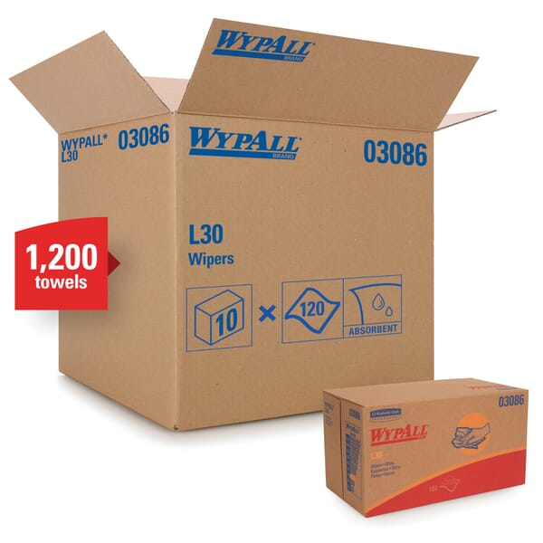 WypAll* 03086 L30 Exceptional Performance General Purpose Wiper, 10 x 9.8 in, 120 Wipes Capacity, Double Re-Creped, White
