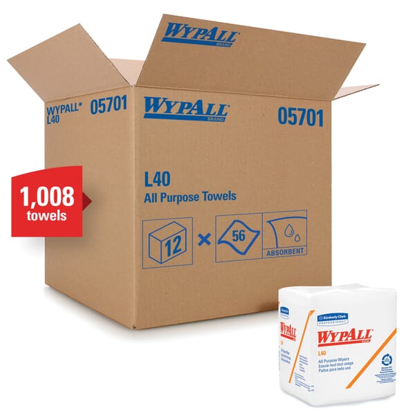 WypAll* 05701 L40 Utility Wipes, 12-1/2 x 12 in, 56 Sheets Capacity, White