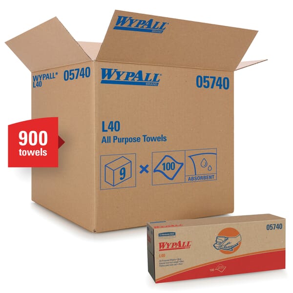 WypAll* 05740 L40 Americas Favorite General Purpose Wiper, 16.4 x 9.8 in, 100 Wipes Capacity, Double Re-Creped, Blue