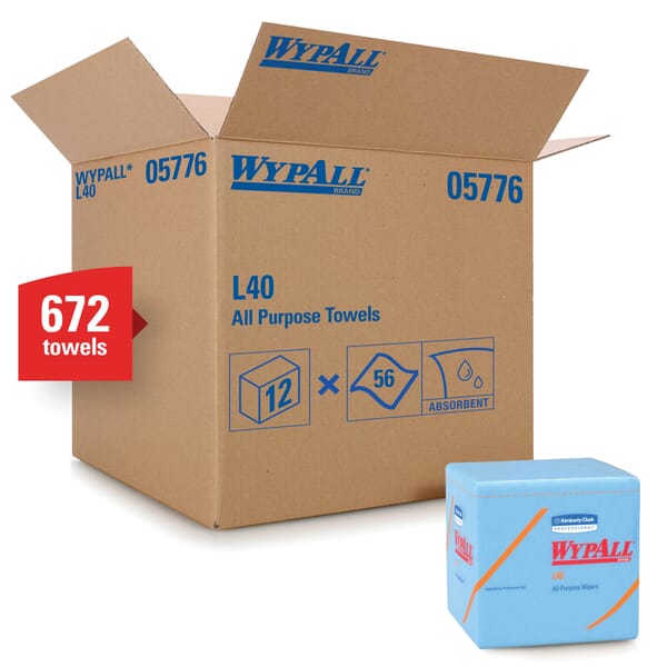 WypAll* 05776 L40 Americas Favorite General Purpose Wiper, 12-1/2 x 12 in, 56 Units Capacity, Double Re-Creped, Blue