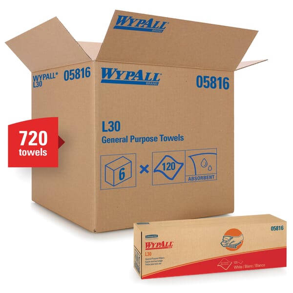 WypAll* 05816 L30 Exceptional Performance General Purpose Wiper, 16.4 x 9.8 in, 120 Sheets Capacity, Double Re-Creped, White