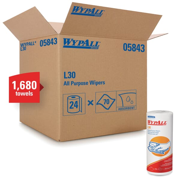 WypAll* 05843 L30 Disposable Wiper, Cellulose, White