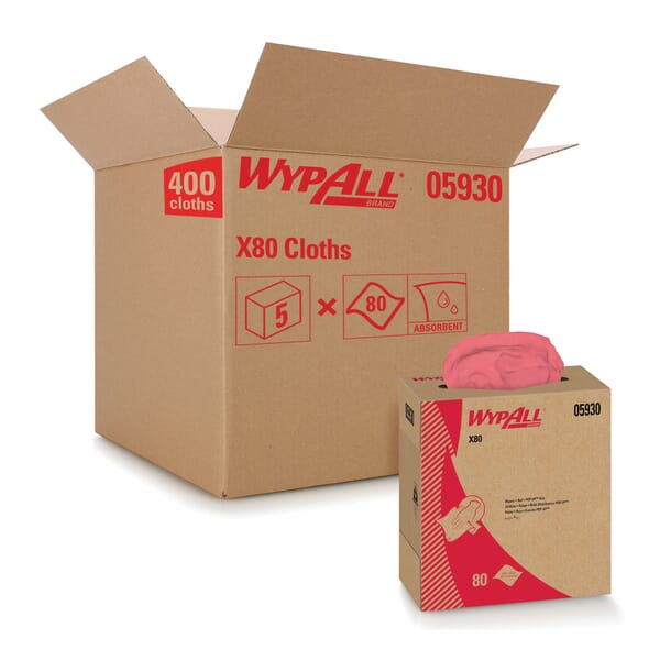 WypAll* 05930 X80 Cleaning Wiper, 16.8 x 9.1 in, 80 Sheets Capacity, Hydroknit*, Red