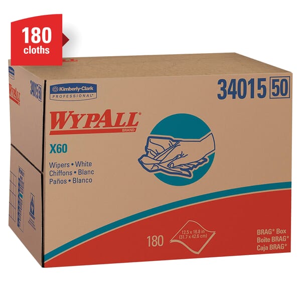 WypAll* 34015 X60 Lightweight General Purpose Wiper, 16.8 x 12.5 in, 180 Sheets Capacity, Hydroknit*, White