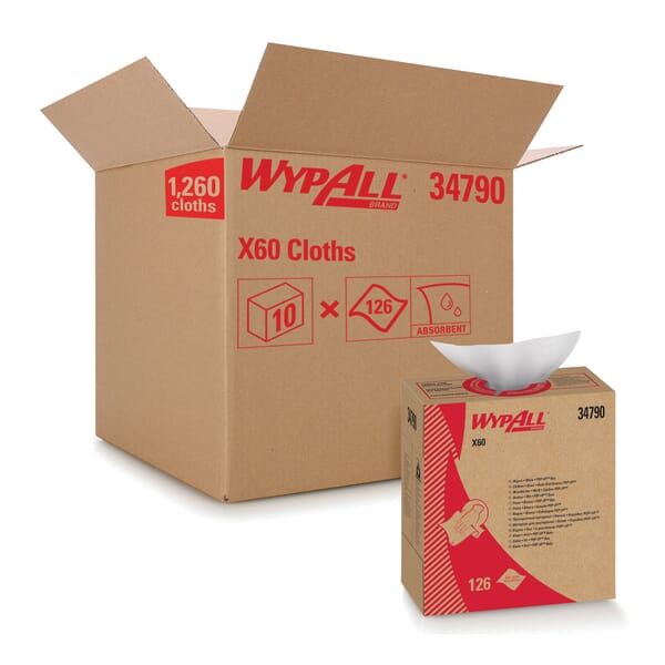 WypAll 34790 X60 Hydroknit Disposable Wipes – 16.8" x 9.1" White, 1-Ply, Pop-Up Box, Reinforced for Oil/Grease, Residue-Free, 118 Sheets per Box