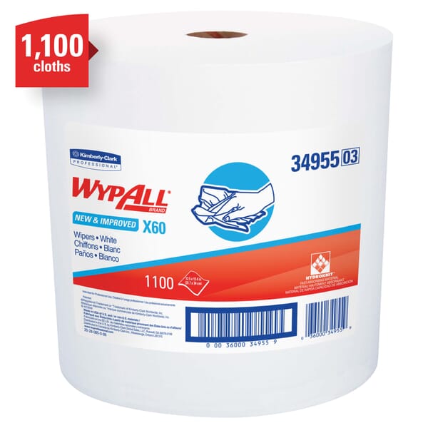 WypAll* 34955 X60 Lightweight General Purpose Wiper, 13.4 x 12.5 in, 1100 Sheets Capacity, Hydroknit*, White