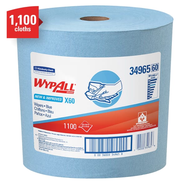 WypAll* 34965 X60 Lightweight General Purpose Wiper, 13.4 x 12.5 in, 1100 Sheets Capacity, Hydroknit*, Blue