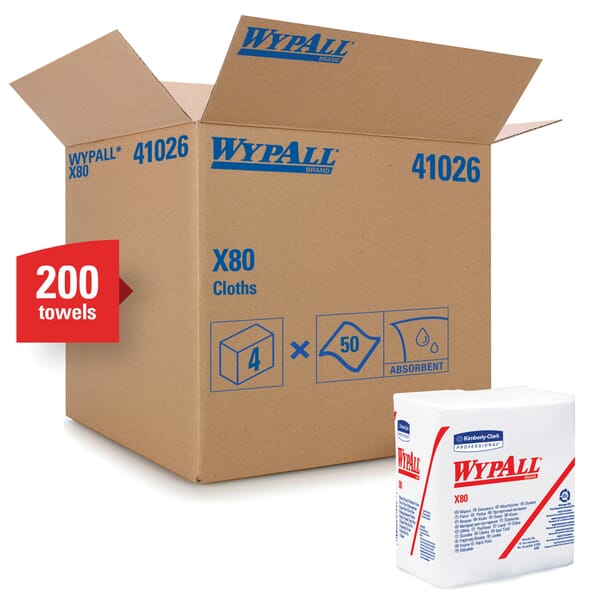 WypAll* 41026 X80 Cleaning Wiper, 12 x 12-1/2 in, 50 Sheets Capacity, Hydroknit*, White