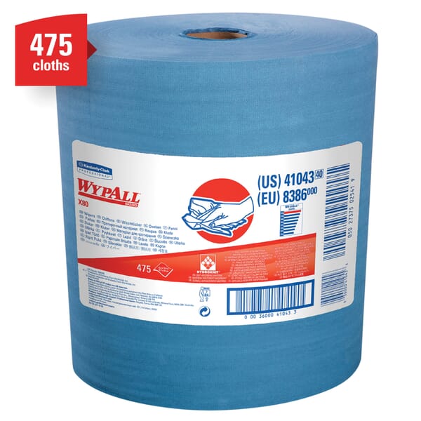 WypAll* 41043 X80 Cleaning Wiper, 13.4 x 12.5 in, 475 Sheets Capacity, Hydroknit*, Blue