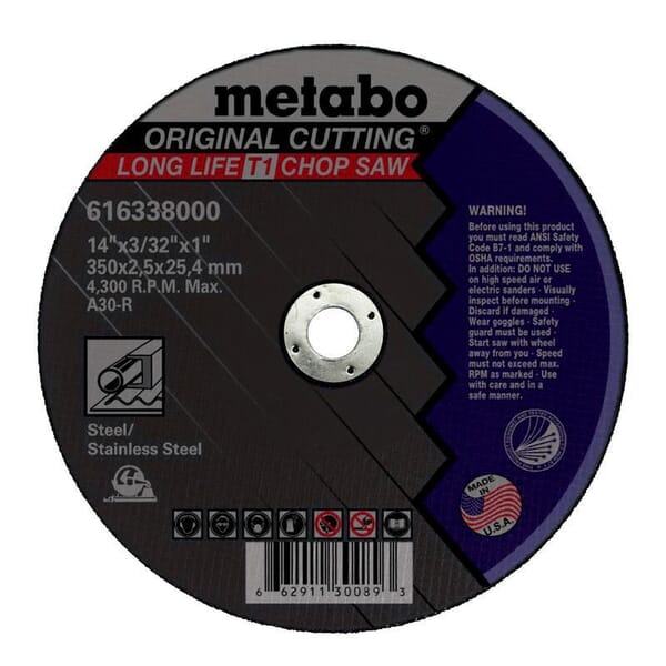 metabo 616139000 Original Heavy Duty Cut-Off Wheel, 14 in Dia x 1/8 in THK, 1 in Center Hole, 24 Grit, Aluminum Oxide Abrasive
