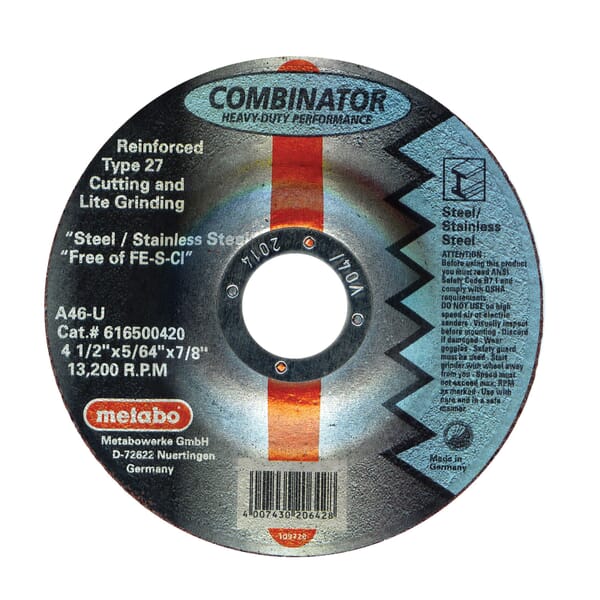 metabo 616500420 Combinator Contaminant-Free Depressed Center Wheel, 4-1/2 in Dia x 5/64 in THK, 7/8 in Center Hole, A46U Grit, Aluminum Oxide Abrasive