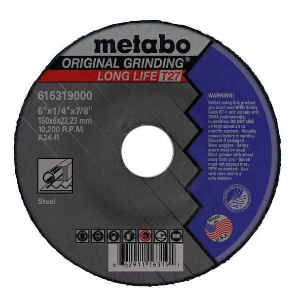 metabo 655319000 Original Long Life Heavy Duty Cut-Off Wheel, 6 in Dia x 1/4 in THK, 5/8 in Center Hole, 24 Grit, Aluminum Oxide Abrasive