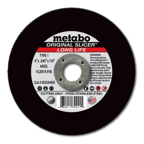metabo 655332000 Original Slicer Long Life Type 1 Cut-Off Wheel, 4-1/2 in Dia x 1/16 in THK, 7/8 in Center Hole, 60 Grit, Aluminum Oxide Abrasive
