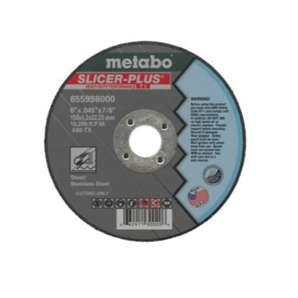 metabo 655997000 Slicer Plus Long Life Straight Cut-Off Wheel, 4-1/2 in Dia x 0.045 in THK, 7/8 in Center Hole, 60 Grit, Aluminum Oxide Abrasive